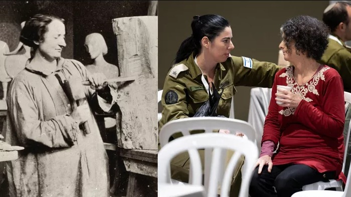 Chana Orloff nel suo studio nel 1916. Shoshan Haran parla con un soldato israeliano dopo il suo rilascio il 25 novembre dopo 50 giorni di prigionia. Archivi Chana Orloff, Reuters/Ufficio Primo Ministro Israeliano