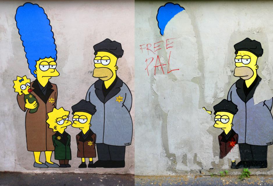 Milano: sfregio antisemita al murale della Shoah con scritte “Free Pal”