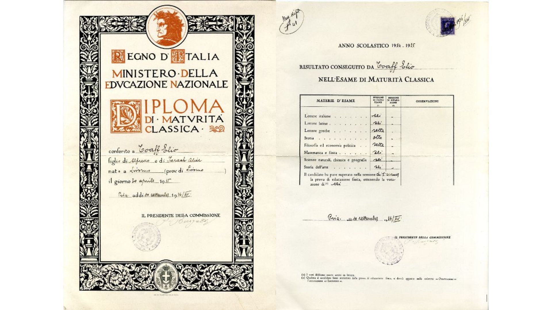 La genialità non si vede da un diploma. Rav Elio Toaff, 1936
