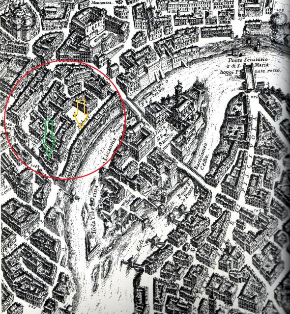Pianta di G. B.  Falda del 1676. Area del ghetto (cerchio rosso), Via della Fiumara (freccia gialla). Le cinque sinagoghe (freccia verde). Fonte: Wikipedia.